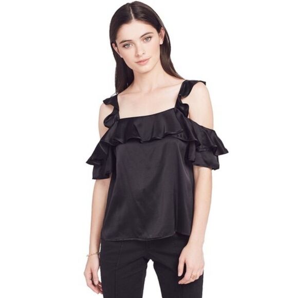 NWOT A.L.C. Willow Cold Shoulder Ruffle Sleeve Silk Crepe Blouse in Black Size 6 - Picture 2 of 14
